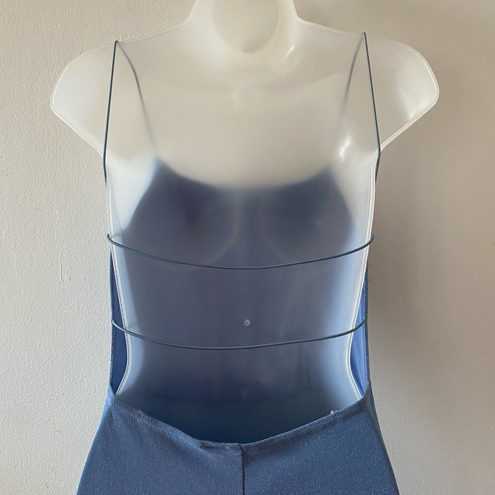 VINTAGE 90s Y2K BABY BLUE GLITTER OPEN BACK GOWN PROM DRESS W/ SIDE SLIT - Picture 5 of 9